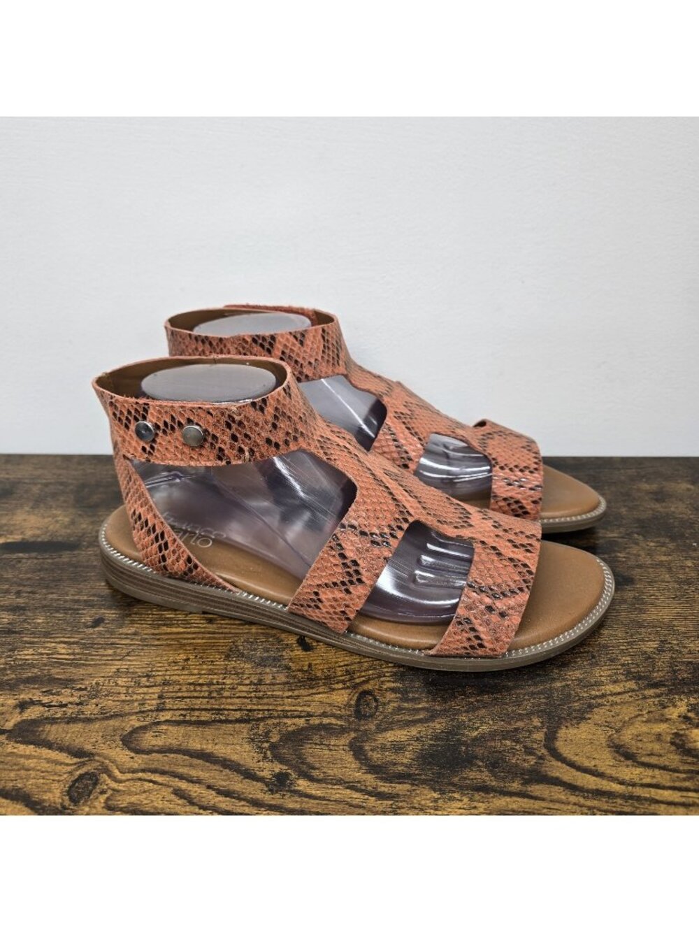 Franco Sarto Genevia Flat Sandals Size 10M Gladiator Snake Print Rust Black